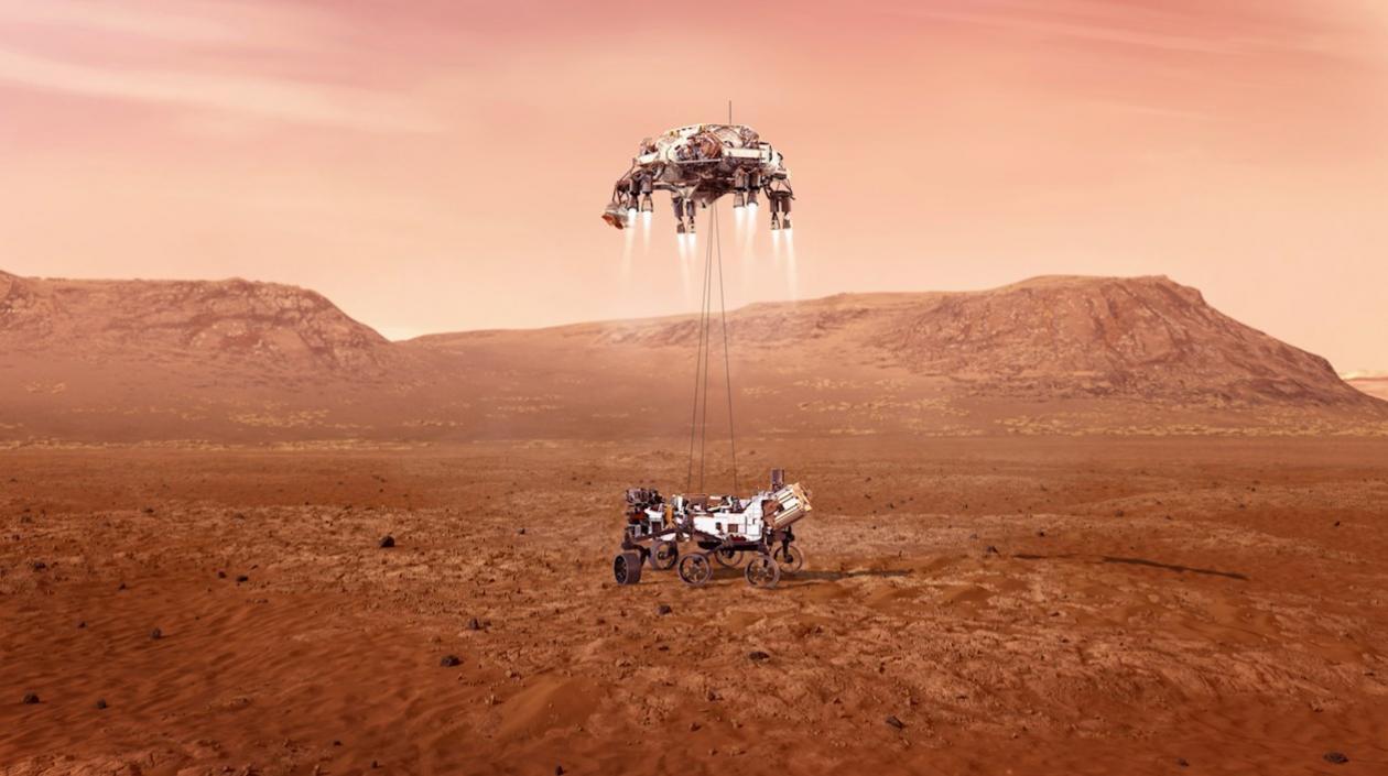  Fotografía cedida este miércoles por la Nasa que muestra una ilustración del rover Perseverance mientras aterriza de forma segura en Marte. 