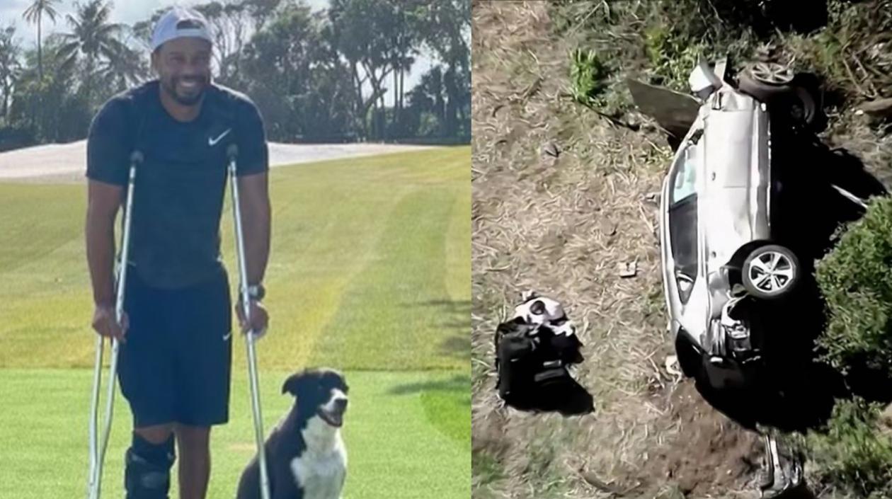 Tiger Woods al lado de su perro y de otro lado su camioneta tras el accidente. 