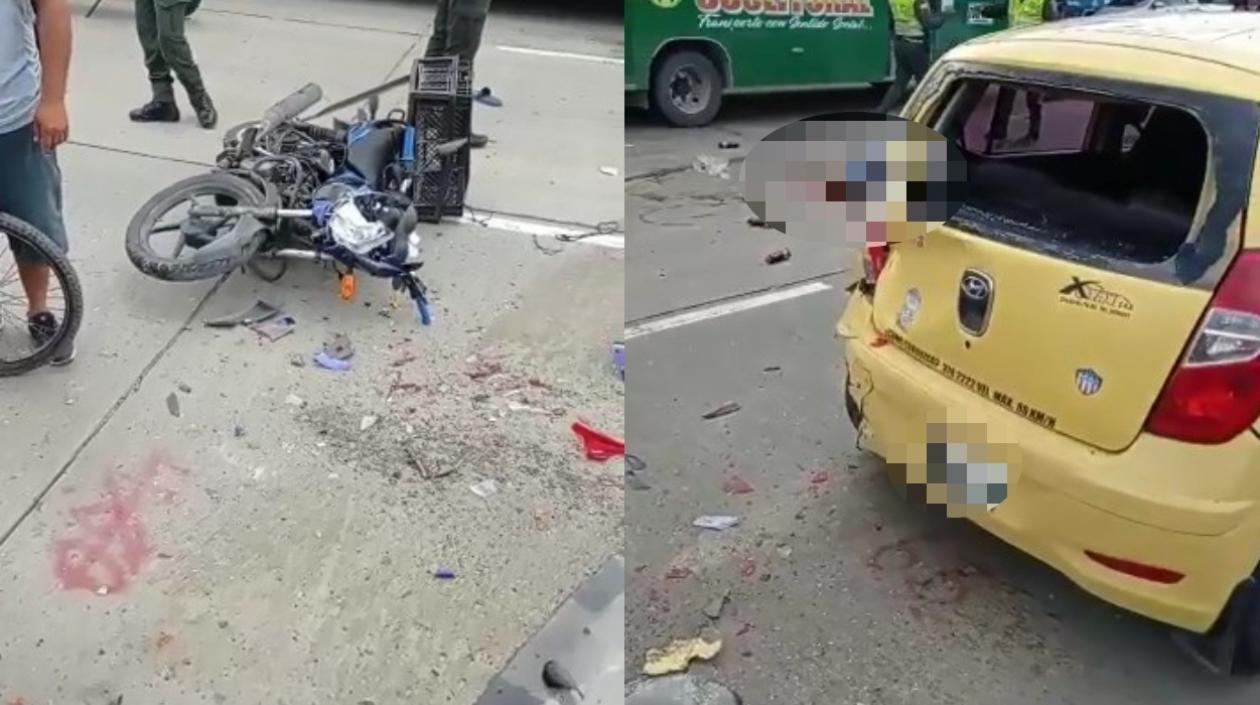 Moto y taxi implicados en el accidente. 