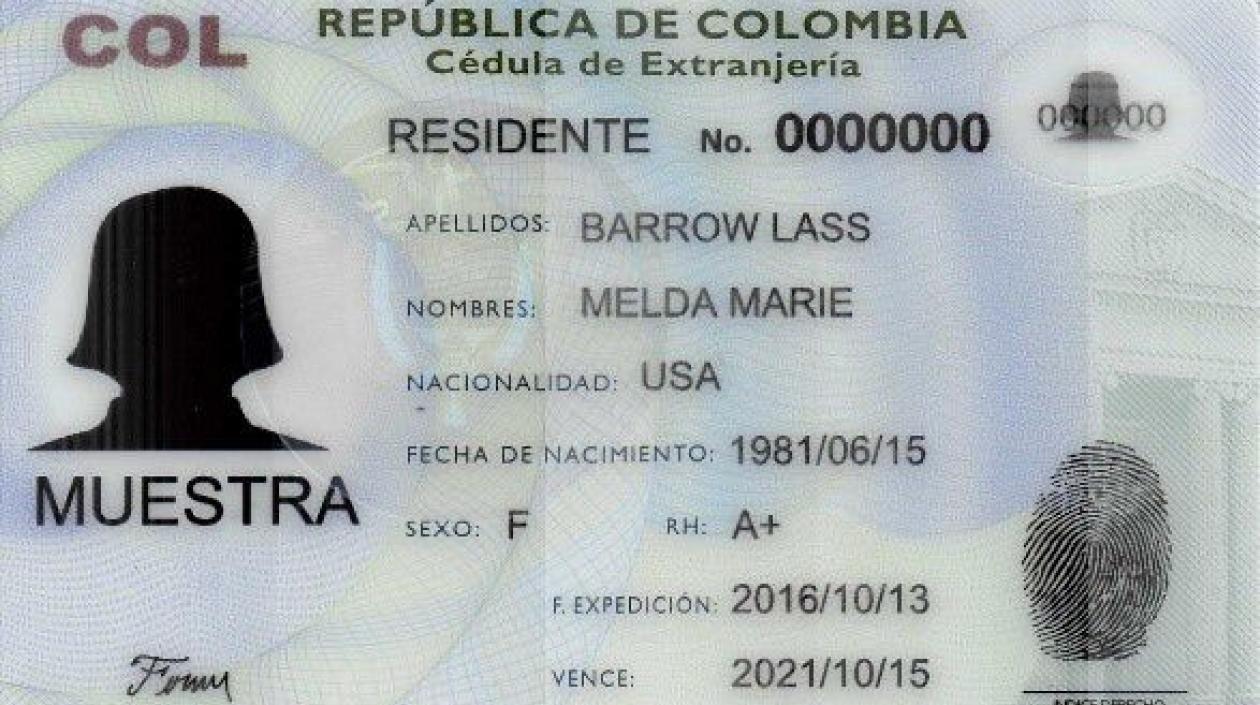 Modelo de cédula de extranjería con categoría de residente en Colombia