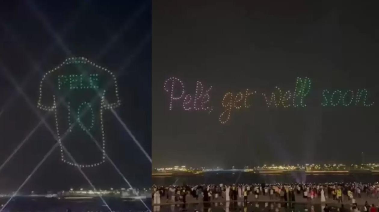 Los 150 drones dibujaron la camiseta y la frase "Pelé, mejórate pronto".