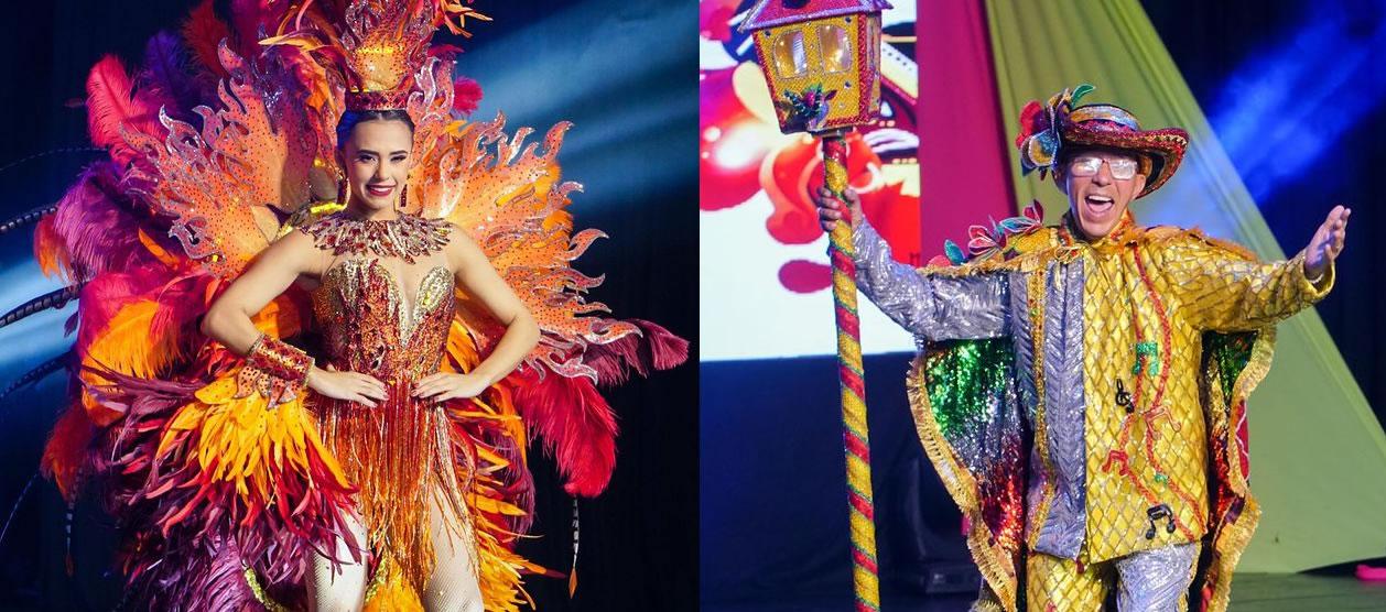Natalia De Castro y Sebastián Guzmán, Reyes del Carnaval 2023, luciendo sus disfraces de Guacherna.