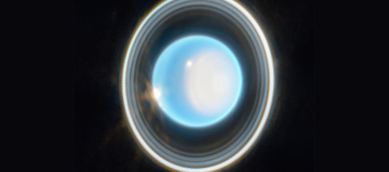 Esta imagen ampliada de Urano, capturada por la cámara de infrarrojo cercano de Webb (NIRCam) el 6 de febrero de 2023, revela impresionantes vistas de los anillos del planeta.