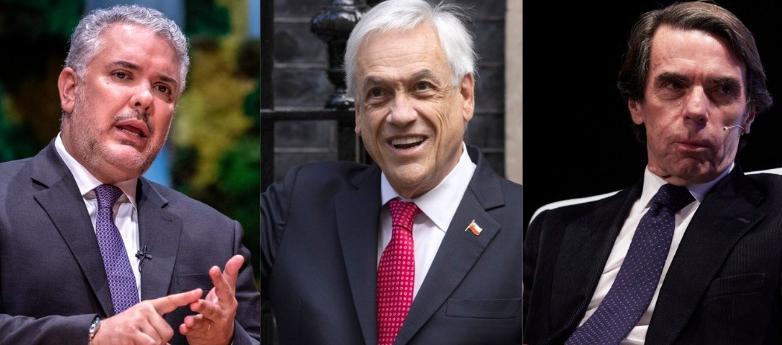 Iván Duque, expresidente de Colombia; Sebastián Piñera, de Chile, y José María Aznar, de España