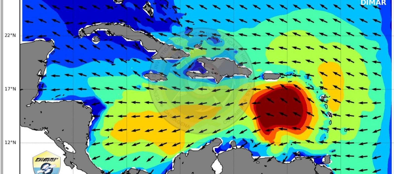 La mancha roja es donde se encuentra el huracán en el Mar Caribe. 