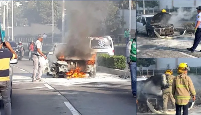 Momento del incendio del carro en el norte de Barranquilla.