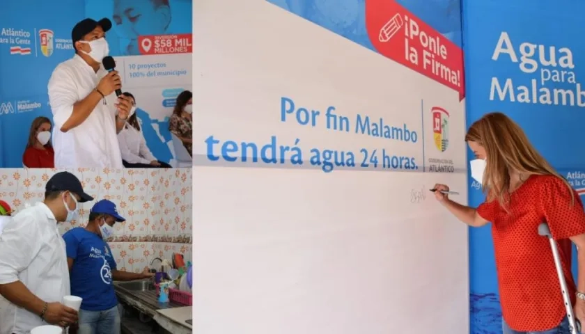La Gobernadora del Atlántico, Elsa Noguera, y el alcalde Rumenigge Monsalve, en la firma del compromiso 'Agua para Malambo 24 horas'.