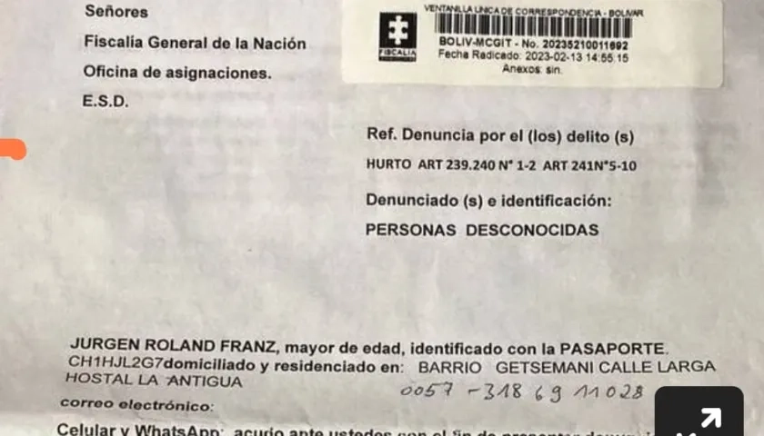 La denuncia que presentó en Fiscalía el ciudadano alemán Jurgen Roland Franz