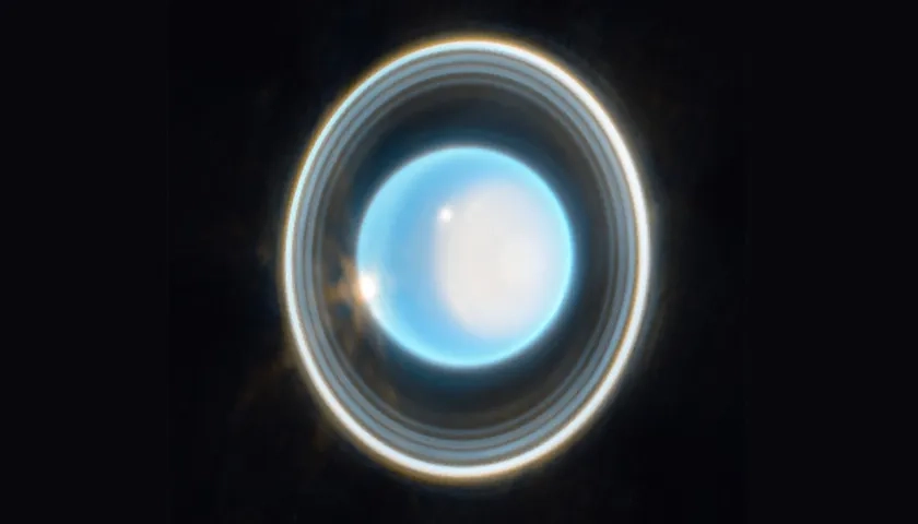 Esta imagen ampliada de Urano, capturada por la cámara de infrarrojo cercano de Webb (NIRCam), revela impresionantes vistas de los anillos del planeta.