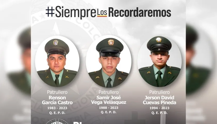 Renson García, Samir José Vega y Jerson David Cuevas, patrulleros asesinados.