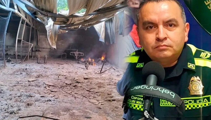 Una de las fincas incineradas. En la siguiente foto, el comandante de la Policía, Yorguin Malagón