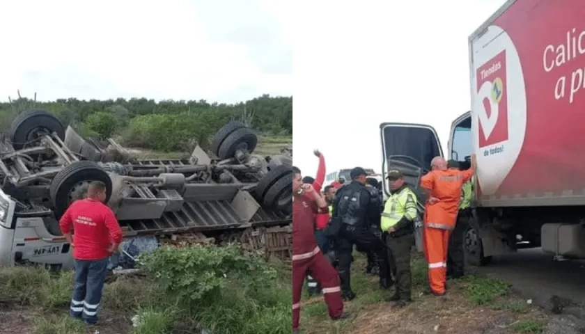 El vehículo cargado con alimentos volcado este viernes en Tasajera