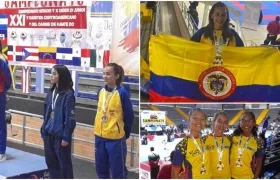 Laudith Cabrera con sus medallas, acompañada de Lorelain Acosta y Gabriela Herrera.