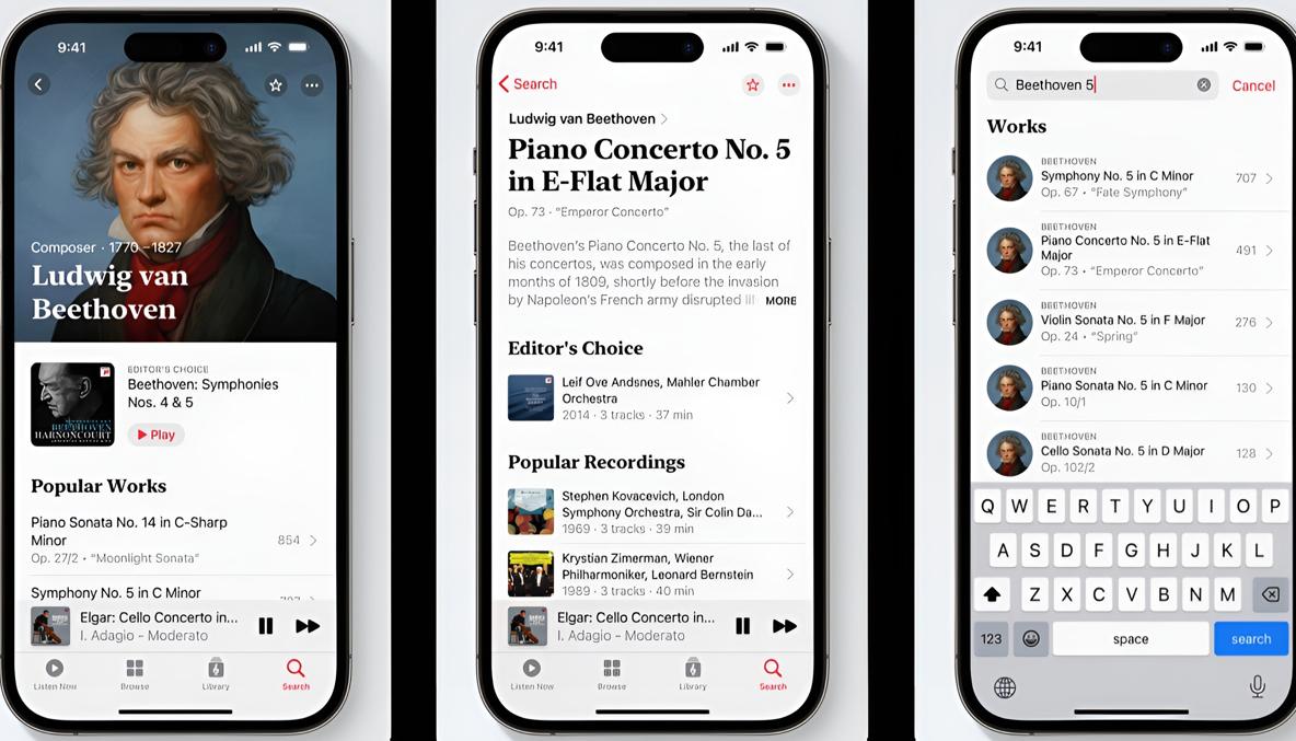 Ventanillas de la nueva aplicación Apple Music Classical.