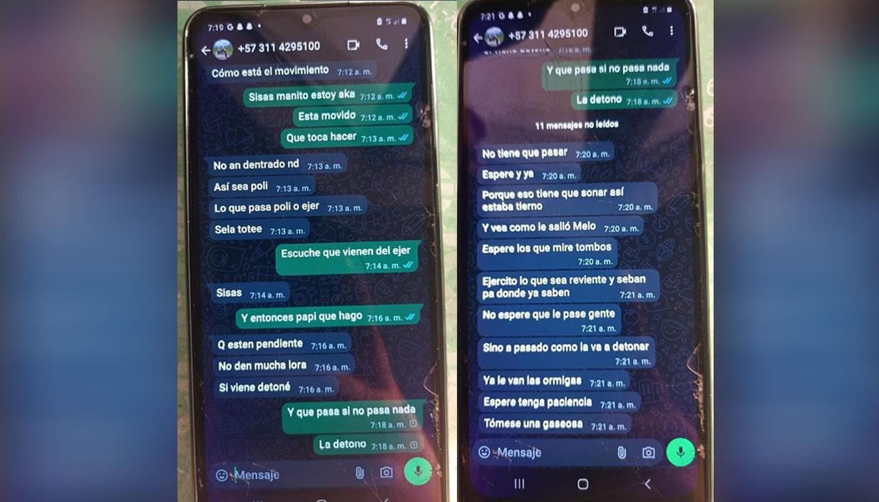 Algunos de los chats descubiertos en el teléfono celular de un sospechoso del atentado en Jamundí