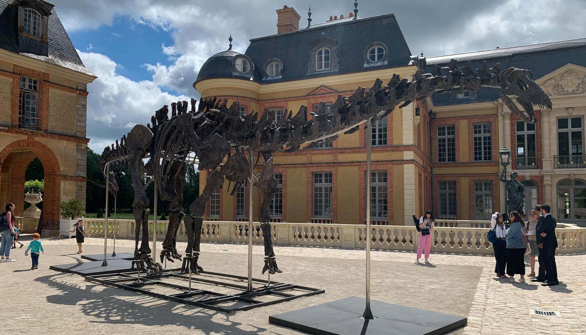Vista del esqueleto de un Apatosaurio en el castillo de Dampierre en Dampierre-en-Yvelines, Francia.
