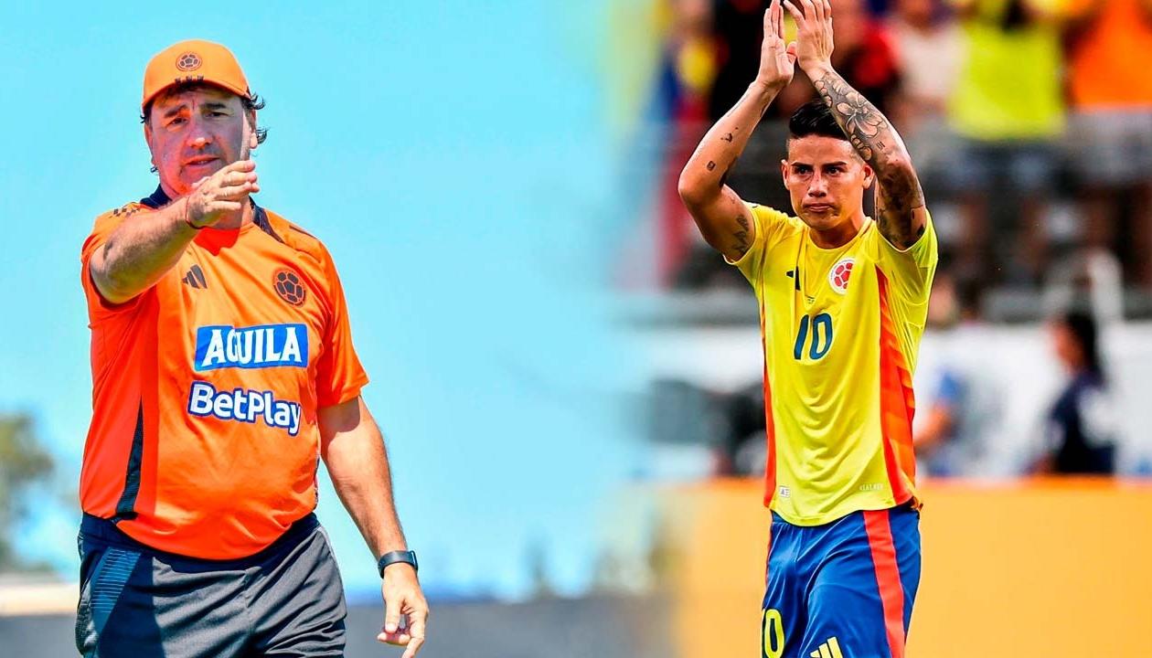 Néstor Lorenzo, técnico de la Selección Colombia, y James Rodríguez.