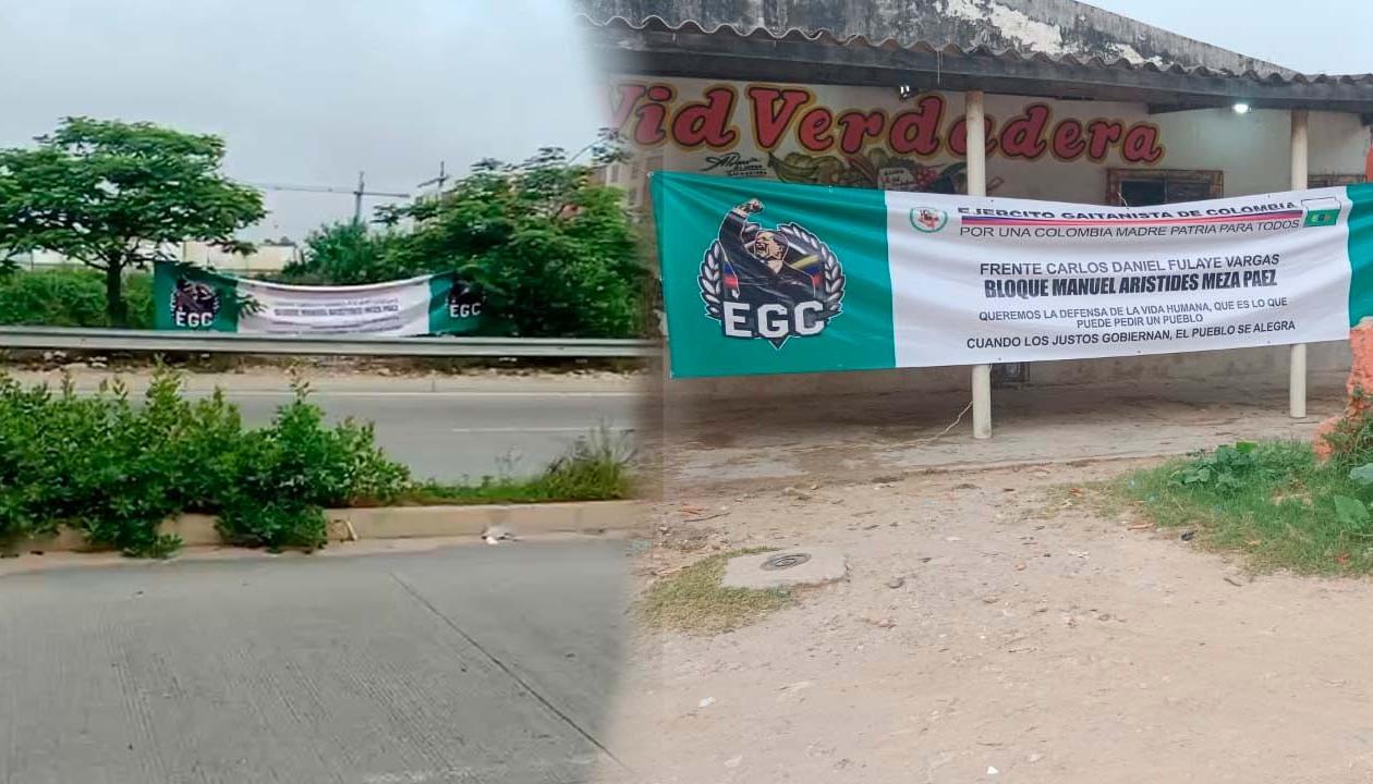 Pendones del 'Clan del Golfo' en la Avenida El Platanal y en el barrio Ciudad Paraíso. 