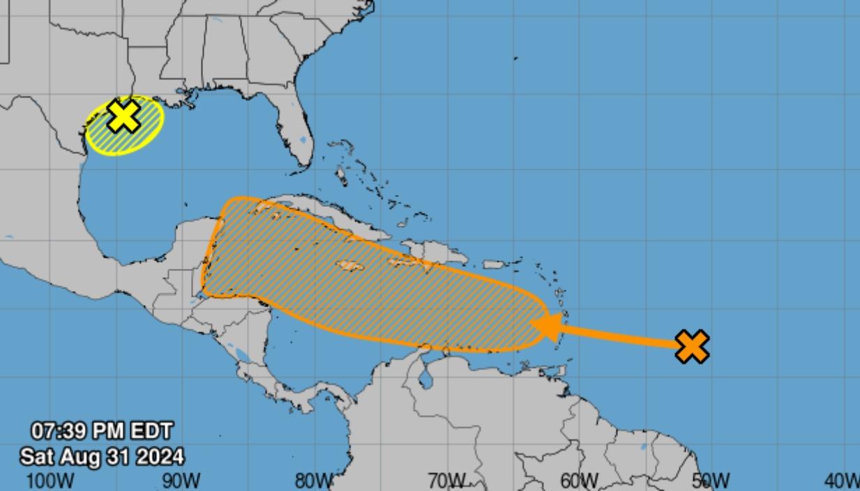 Franja salmón es la trayectoria que tendrá la onda tropical por el Mar Caribe. 