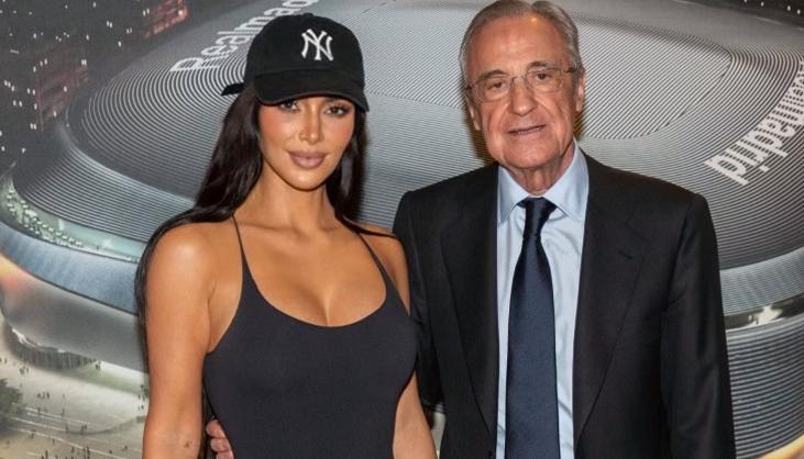 Kim Kardashian junto a Florentino Pérez, presidente del Real Madrid.