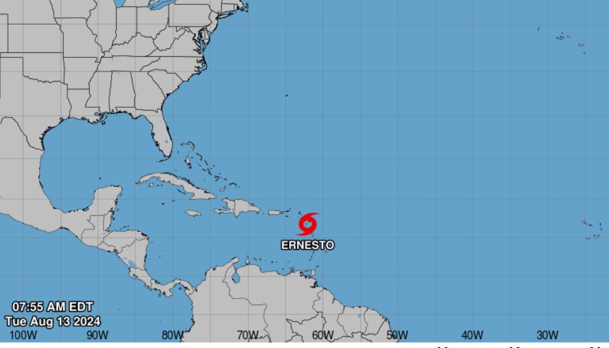 Lugar donde se encuentra en la mañana de este martes la tormenta tropical Ernesto. 