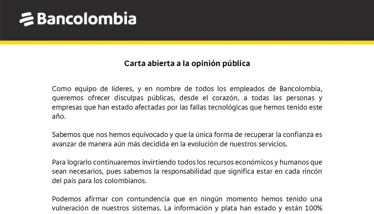 Carta de Bancolombia a los usuarios.