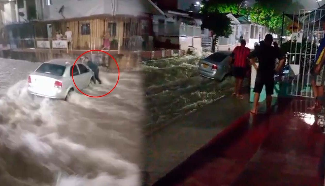 Vehículo cuando era arrastrado por el arroyo.