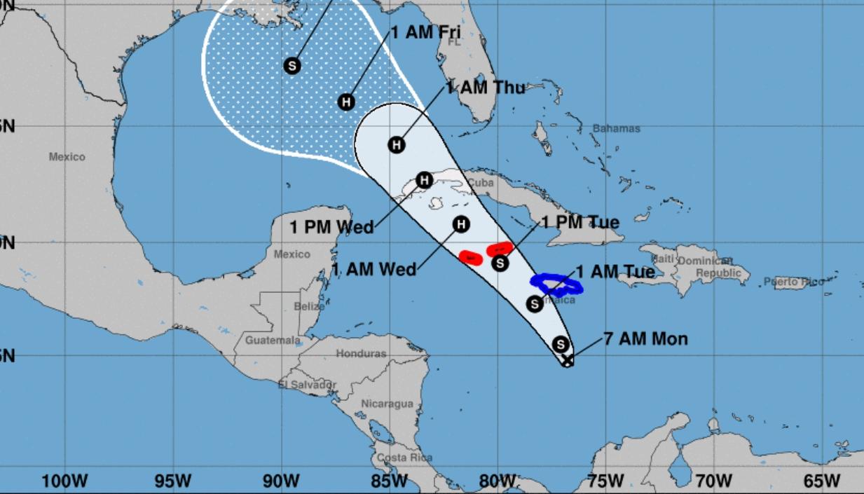 Trayectoria que tendrá la tormenta tropical con rumbo al Golfo de México. 