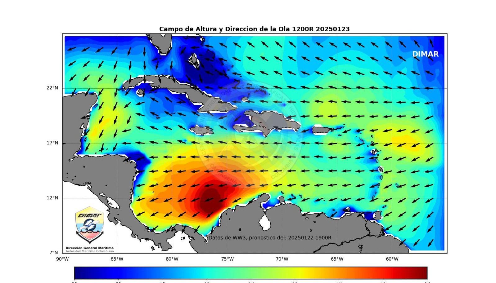 Zona roja en el mar Caribe, donde se registra la anomalía de vientos. 