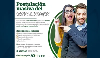 Afiche de ilustración por convocatoria de subsidio de desempleo en Combarranquilla.