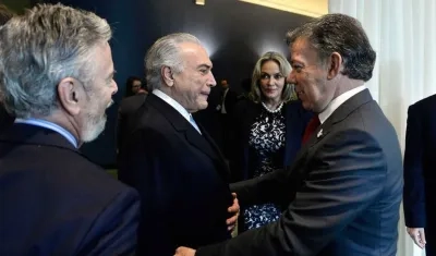 El presidente de Colombia, Juan Manuel Santos, con su homólogo de Brasil, Michel Temer, en la visita oficial que hará el próximo martes a Brasilia.
