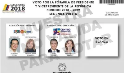 Tarjetón elecciones Presidenciales Colombia para segunda vuelta.