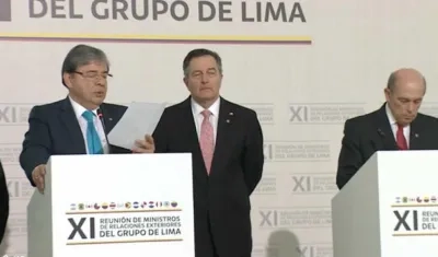El canciller colombiano Carlos Holmes Trujillo, durante la declaración final del Grupo de Lima.