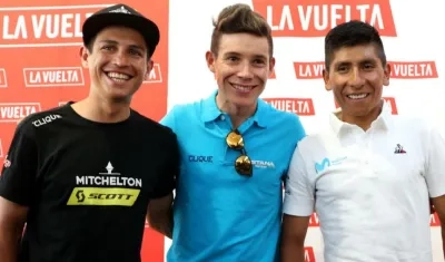 Los ciclistas colombianos Esteban Chaves, Miguel Ángel López y Nairo Quintana.