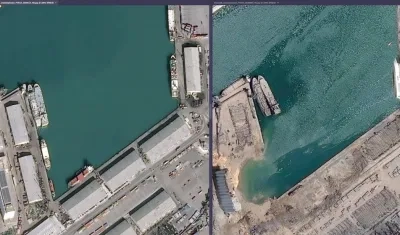 Vista aérea de Beirut, antes (i) y después (d) de la fuerte explosión.