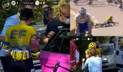 Ciclista Sergio Higuita en tres momentos tras su caída en la etapa 15 del Tour.
