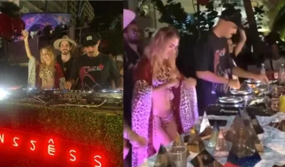 La DJ y modelo Natalia París actuando en una fiesta en la playa Los Morros de Cartagena.