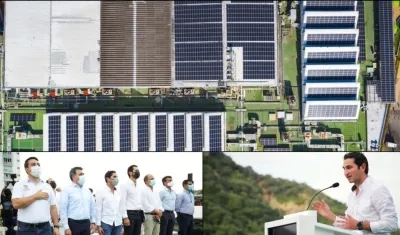Planta solar inaugurada en Cartagena. A la izquierda, directivos de Promigas y Surtigas, y a la derecha Viceministro Miguel Lotero.