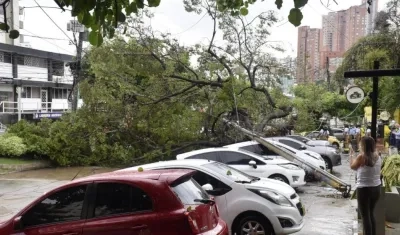 Foto de los vehículos afectados por un poste y un árbol en el barrio El Prado.