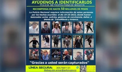 El cartel con los autores de violentos disturbios en Bogotá.