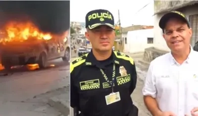 Taxi incendiado en Sincelejo. Coronel Carlos Andrés Correa de la Policía de Sucre y el Alcalde Andrés Gómez.