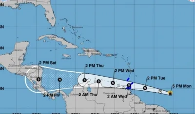 La trayectoria de la tormenta tropical muestra que pasará muy cerca a la costa caribe colombiana. 
