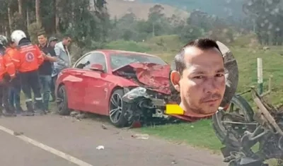 El vehículo BMW que provocó el accidente en Nobsa. En el recuadro, Eliades Ballesteros Chinchilla, una de las víctimas mortales.