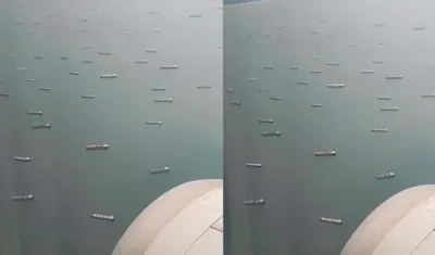 Captura de video en el que se ven varios barcos esperando pasar por Panamá.