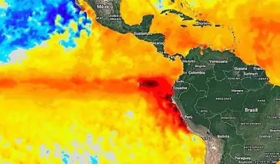 Zona roja registra el calentamiento del Pacífico frente la costas de Ecuador, característica de El Niño. 