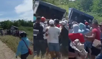 Momento en el que el camión es saqueado por varios habitantes.